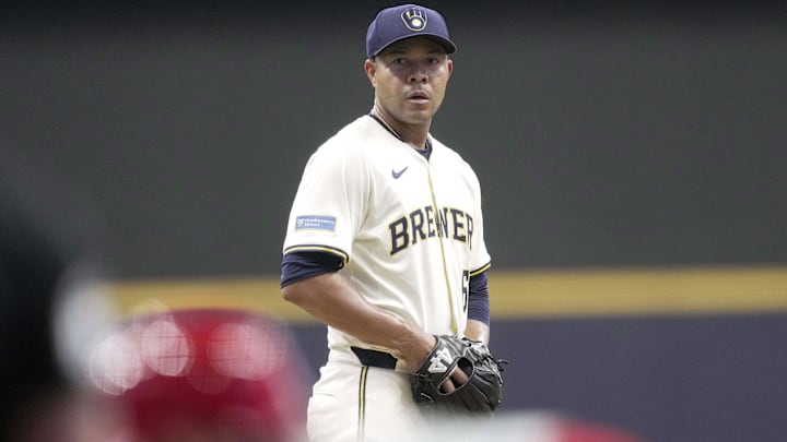 Sep 3, 2025; Milwaukee, Wisconsin, USA; Milwaukee Brewers pitcher Jose Quintana (62) is shown during the first inning of their game against the Philadelphia Phillies at American Family Field. Mandatory Credit: Mark Hoffman-USA TODAY Network via Imagn Images