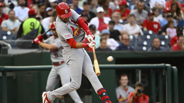 Jun 20, 2023; Washington, District of Columbia, USA; St. Louis Cardinals right fielder Dylan Carlson (3) hits a two run home run against the Washington Nationals during the second inning at Nationals Park. Mandatory Credit: Brad Mills-USA TODAY Sports Jun 20, 2023; Washington, District of Columbia, USA; St. Louis Cardinals right fielder Dylan Carlson (3) hits a two run home run against the Washington Nationals during the second inning at Nationals Park. Mandatory Credit: Brad Mills-USA TODAY Sports