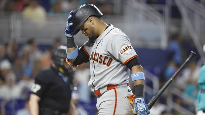 Jun 21, 2026; Miami, Florida, USA; San Francisco Giants second baseman Luis Arraez (1) reacts after lining out against the Miami Marlins during the eighth inning at loanDepot Park. Mandatory Credit: Rhona Wise-Imagn Images Jun 21, 2026; Miami, Florida, USA; San Francisco Giants second baseman Luis Arraez (1) reacts after lining out against the Miami Marlins during the eighth inning at loanDepot Park. Mandatory Credit: Rhona Wise-Imagn Images