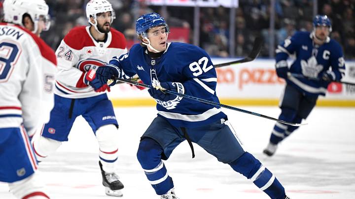 Sep 19, 2026; Toronto, Ontario, CAN;  Toronto Maple Leafs forward Gavin McKenna (92) skates up ice against the Montreal Canadiens in the third period at Scotiabank Arena.  Mandatory Credit: Dan Hamilton-Imagn Images