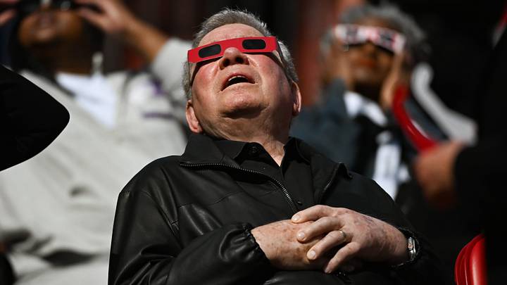 William Shatner watches the eclipse during the Hoosier Cosmic Celebration at Memorial Stadium on Monday, April 8, 2024.
