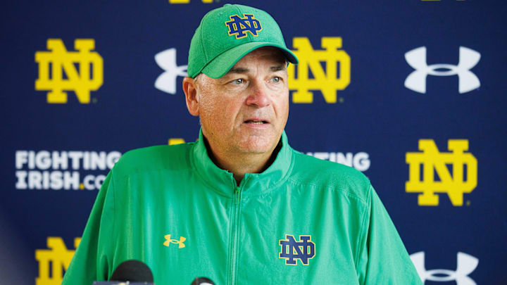 Notre Dame offensive coordinator and tight ends coach Mike Denbrock addresses media after a Notre Dame football practice at Irish Athletic Center on Thursday, Aug. 1, 2024, in South Bend.