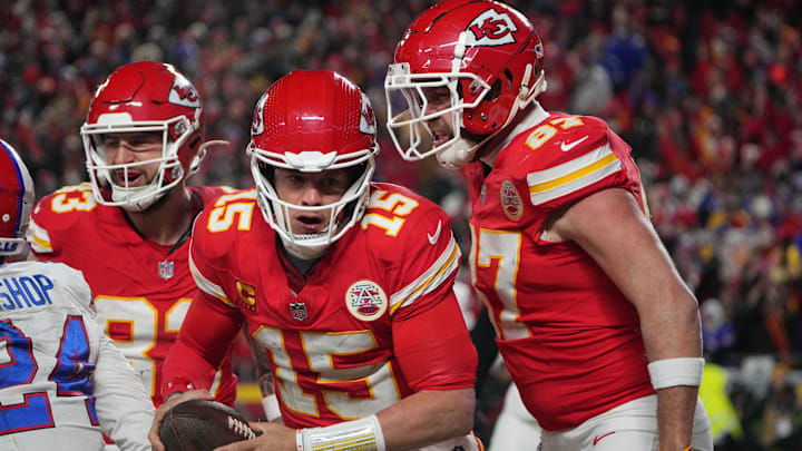 Jan 26, 2025; Kansas City, MO, USA; Kansas City Chiefs quarterback Patrick Mahomes (15) reacts after scoring a touchdown against the Buffalo Bills during the second half in the AFC Championship game at GEHA Field at Arrowhead Stadium. Mandatory Credit: Denny Medley-Imagn Images