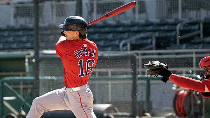 Feb 17, 2025; Lee County, FL, USA;  Boston Red Sox Jarren Duran (16) batting during spring training at Jet Blue Park at Fenway South.  Photo Credit: Chris Tilley-Imagn Images 