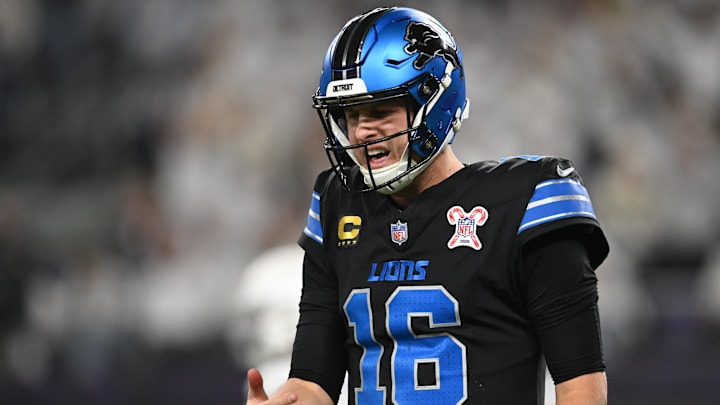 Dec 25, 2025; Minneapolis, Minnesota, USA; Detroit Lions quarterback Jared Goff (16) reacts to throwing an interception against the Minnesota Vikings in the third quarter at U.S. Bank Stadium. Mandatory Credit: Jeffrey Becker-Imagn Images