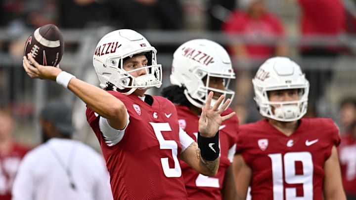 Sep 6, 2025; Pullman, Washington, USA; Washington State Cougars quarterback Jaxon Potter (5) warms up before a game against the San Diego State Aztecs at Gesa Field at Martin Stadium. Mandatory Credit: James Snook-Imagn Images