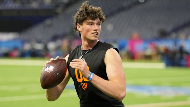 Penn State quarterback Drew Allar throws during the NFL Scouting Combine at Lucas Oil Stadium. 