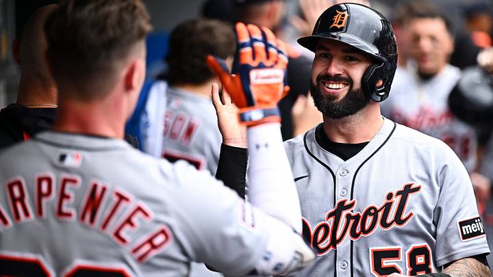 May 4, 2025; Anaheim, California, USA; Detroit Tigers catcher Tomas Nido (58) celebrates with teammates after scoring against the Los Angeles Angels during the sixth inning at Angel Stadium. Mandatory Credit: Jonathan Hui-Imagn Images May 4, 2025; Anaheim, California, USA; Detroit Tigers catcher Tomas Nido (58) celebrates with teammates after scoring against the Los Angeles Angels during the sixth inning at Angel Stadium. Mandatory Credit: Jonathan Hui-Imagn Images
