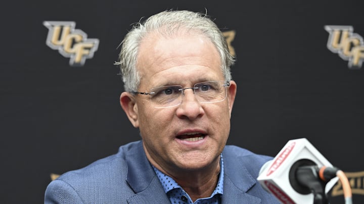 Jul 10, 2024; Las Vegas, NV, USA; UCF Knights head coach Gus Malzahn speaks to the media during the Big 12 Media Days at Allegiant Stadium. Mandatory Credit: Candice Ward-Imagn Images