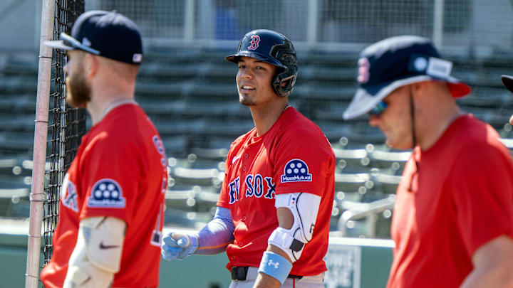Feb 17, 2025; Lee County, FL, USA; Boston Red Sox Vaughn Grissom (5) getting ready to bat during spring training at Jet Blue Park at Fenway South. Photo Credit: Chris Tilley-Imagn Images Feb 17, 2025; Lee County, FL, USA; Boston Red Sox Vaughn Grissom (5) getting ready to bat during spring training at Jet Blue Park at Fenway South. Photo Credit: Chris Tilley-Imagn Images