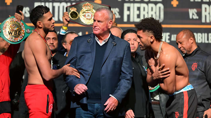 David Benavidez (left) and David Morrell (right) at the ceremonial weigh-in on Friday for their fight on Saturday night.