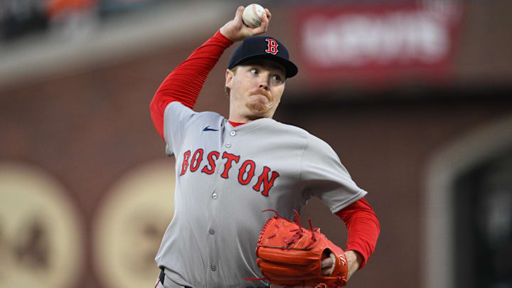Jun 20, 2025; San Francisco, California, USA; Boston Red Sox starting pitcher Hunter Dobbins (73) throws against the San Francisco Giants in the fourth inning at Oracle Park. Mandatory Credit: Eakin Howard-Imagn Images
