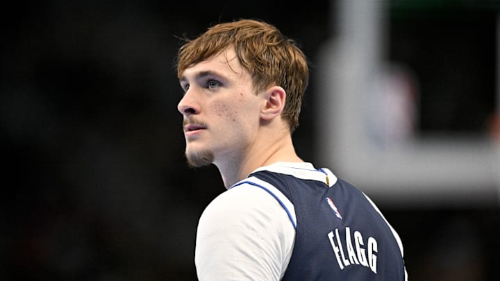 Nov 21, 2025; Dallas, Texas, USA; Dallas Mavericks forward Cooper Flagg (32) looks on during the second half against the New Orleans Pelicans at the American Airlines Center. Mandatory Credit: Jerome Miron-Imagn Images