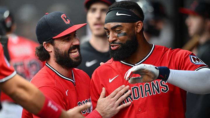 Aug 18, 2026: Cleveland Guardians right fielder Jo Adell, right, celebrates with catcher Austin Hedges after his sixth RBI of the game against the San Francisco Giants at Progressive Field. Credit: Ken Blaze-Imagn Images Aug 18, 2026: Cleveland Guardians right fielder Jo Adell, right, celebrates with catcher Austin Hedges after his sixth RBI of the game against the San Francisco Giants at Progressive Field. Credit: Ken Blaze-Imagn Images