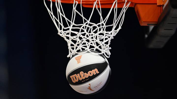 Jun 14, 2025; San Francisco, California, USA; A basketball goes through the hoop during warm ups before the Golden State Valkyries play the Seattle Storm at Chase Center. Mandatory Credit: Eakin Howard-Imagn Images