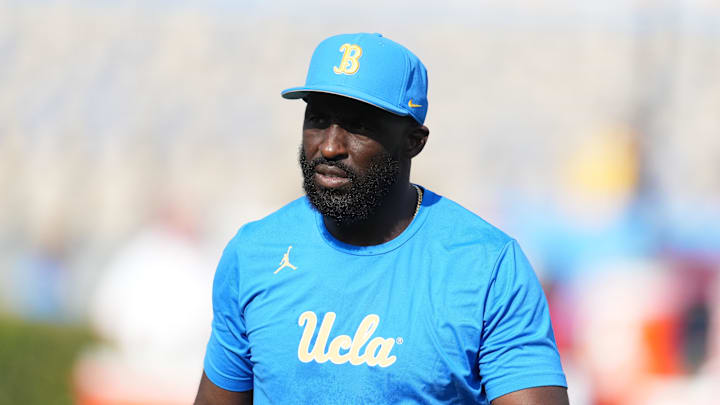 Sep 14, 2024; Pasadena, California, USA; UCLA Bruins head coach DeShaun Foster reacts in the first half against the Indiana Hoosiers at Rose Bowl. Mandatory Credit: Kirby Lee-Imagn Images