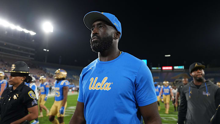 Sep 14, 2024; Pasadena, California, USA; UCLA Bruins head coach DeShaun Foster reacts after the game against the Indiana Hoosiers at Rose Bowl. Mandatory Credit: Kirby Lee-Imagn Images