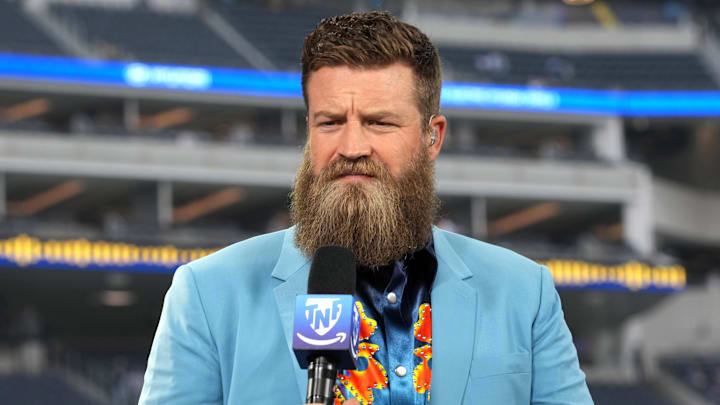 Oct 24, 2024; Inglewood, California, USA; Ryan Fitzpatrick on the Thursday Night Football Tonight set at SoFi Stadium. Mandatory Credit: Kirby Lee-Imagn Images