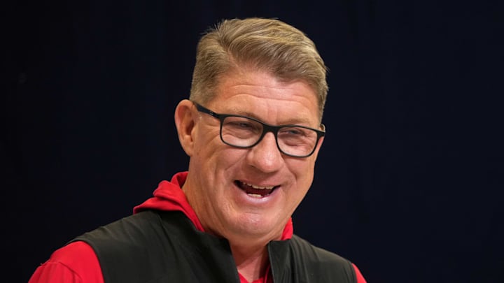 Feb 25, 2025; Indianapolis, IN, USA; Tampa Bay Buccaneers general manager Jason Licht speaks during the NFL Scouting Combine at the Indiana Convention Center. Mandatory Credit: Kirby Lee-Imagn Images