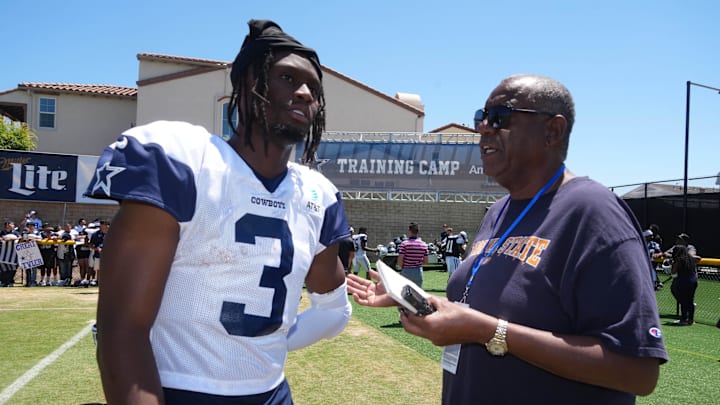 USA Today Sports reporter Jarrett Bell interviews Dallas Cowboys receiver George Pickens at training camp at the River Ridge Fields.