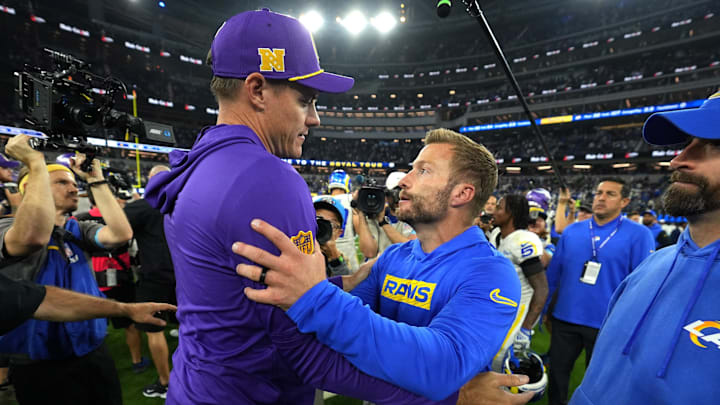 Oct 24, 2024; Inglewood, California, USA; Minnesota Vikings coach Kevin O'Connell (left) and Los Angeles Rams coach Sean McVay shake hands after the game at SoFi Stadium. Mandatory Credit: Kirby Lee-Imagn Images