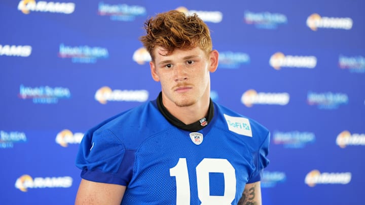 May 28, 2025; Woodland Hills, CA, USA; Los Angeles Rams tight end Terrance Ferguson (18) at press conference during organized team activities at Rams Practice Facility. Mandatory Credit: Kirby Lee-Imagn Images