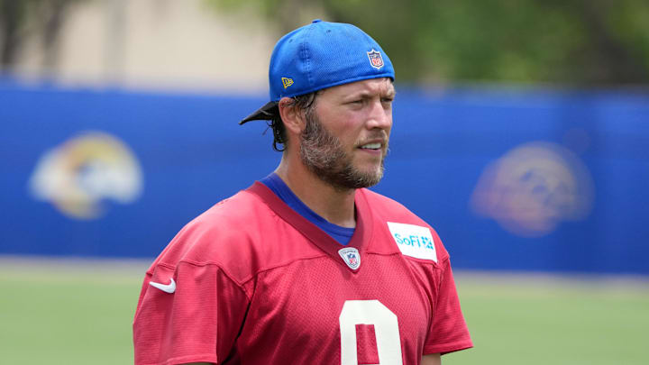 Jun 3, 2025; Woodland Hills, CA, USA; Los Angeles Rams quarterback Matthew Stafford (9) during organized team activities at Rams Practice Facility. Mandatory Credit: Kirby Lee-Imagn Images