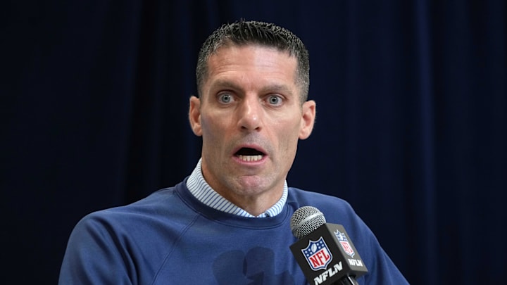 Feb 27, 2025; Indianapolis, IN, USA; Houston Texans general manager Nick Caserio speaks during the 2025 NFL Scouting Combine at the Indiana Convention Center. Mandatory Credit: Kirby Lee-Imagn Images