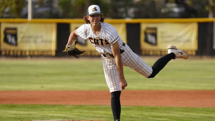 Saguaro pitcher Cam Caminiti pitches against Deer Valley during a baseball game at Saguaro High School in Scottsdale on March 6, 2024.