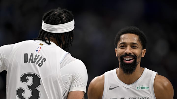 Feb 8, 2025; Dallas, Texas, USA; Dallas Mavericks forward Anthony Davis (3) and guard Spencer Dinwiddie (26) celebrate during the second quarter against the Houston Rockets at American Airlines Center. Mandatory Credit: Jerome Miron-Imagn Images Feb 8, 2025; Dallas, Texas, USA; Dallas Mavericks forward Anthony Davis (3) and guard Spencer Dinwiddie (26) celebrate during the second quarter against the Houston Rockets at American Airlines Center. Mandatory Credit: Jerome Miron-Imagn Images