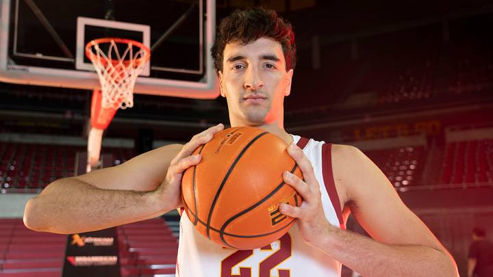 Iowa State forward Milan Momcilovic poses for a portrait during Iowa State men's basketball media day at Hilton Coliseum on Wednesday, Oct. 9, 2024, in Ames.