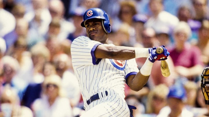 Chicago Cubs right fielder Sammy Sosa in action at the plate at Wrigley Field during the 1998 season. 