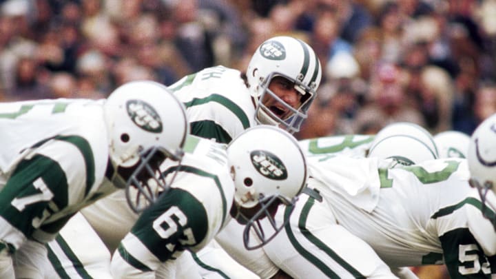 Oct 1972; Flushing, NY, USA; FILE PHOTO; New York Jets quarterback Joe Namath (12) in action during the 1972 season at Shea Stadium. Mandatory Credit: Malcolm Emmons-Imagn Images