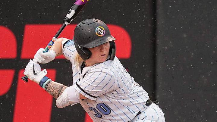 Volts third baseman Jessi Warren bats as a member of Team McQuillin during an Athletes Unlimited Pro (now known as the All-Star Cup) game against Team Kilfoyl at Max. R. Joyner Family Stadium on Aug. 7, 2024 in Greenville, N.C.