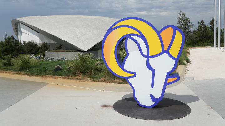 Sep 8, 2022; Inglewood, California, USA; A general overall view of the Los Angeles Rams logo at SoFi.