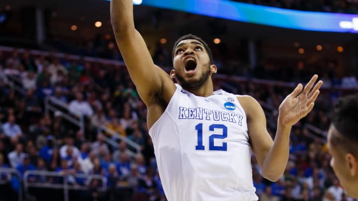 Mar 28, 2015; Cleveland, OH, USA; Kentucky Wildcats forward Karl-Anthony Towns (12) shoots against the Notre Dame Fighting Irish in the finals of the midwest regional of the 2015 NCAA Tournament at Quicken Loans Arena. Mandatory Credit: Rick Osentoski-USA TODAY Sports Mar 28, 2015; Cleveland, OH, USA; Kentucky Wildcats forward Karl-Anthony Towns (12) shoots against the Notre Dame Fighting Irish in the finals of the midwest regional of the 2015 NCAA Tournament at Quicken Loans Arena. Mandatory Credit: Rick Osentoski-USA TODAY Sports