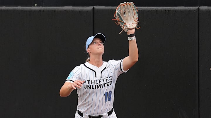 Bandits outfielder Morgan Zerkle fields a ball as a Team McQuillin member during an Athletes Unlimited Pro (now known as the All-Star Cup) game against Team Kilfoyl at Max R. Joyner Family Stadium on Aug. 7, 2024 in Greenville, N.C.