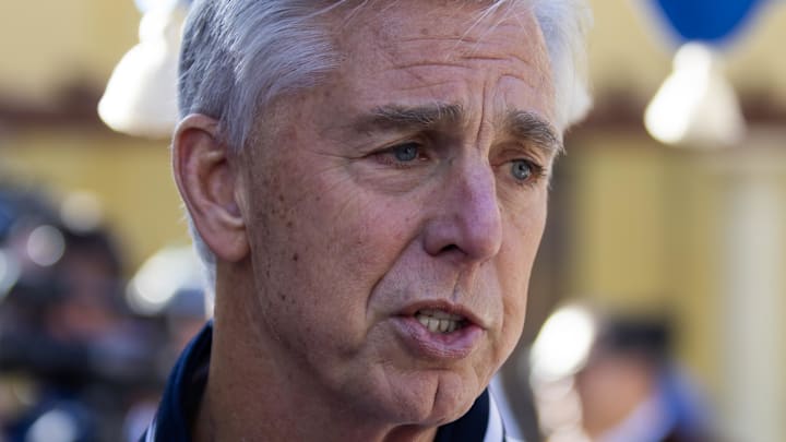 Nov 8, 2023; Scottsdale, AZ, USA; Philadelphia Phillies president of baseball operations Dave Dombrowski speaks to the media during the MLB General Manager's Meetings at Omni Scottsdale Resort & Spa. Mandatory Credit: Mark J. Rebilas-Imagn Images
