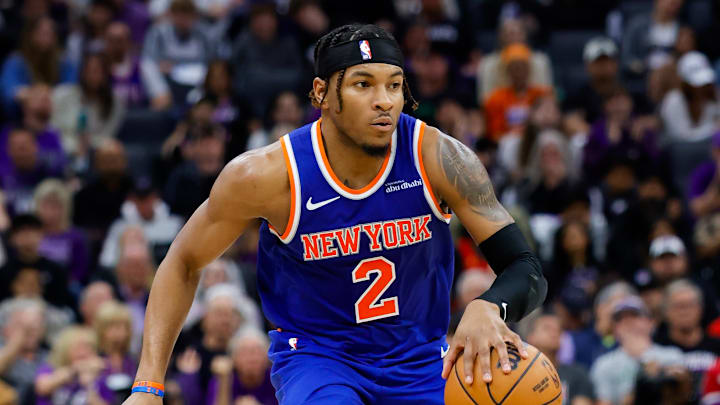 Mar 10, 2025; Sacramento, California, USA; New York Knicks guard Miles McBride (2) dribbles the ball up the court during the second quarter against the Sacramento Kings at Golden 1 Center. Mandatory Credit: Sergio Estrada-Imagn Images Mar 10, 2025; Sacramento, California, USA; New York Knicks guard Miles McBride (2) dribbles the ball up the court during the second quarter against the Sacramento Kings at Golden 1 Center. Mandatory Credit: Sergio Estrada-Imagn Images