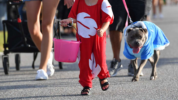 Mia Angeles, 3, dressed up as Lilo, the Disney character.  Her dog, Stella, follows close behind,