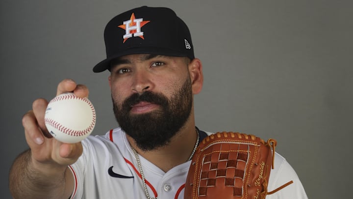 Feb 21, 2024; West Palm, FL, USA; Houston Astros starting pitcher Jose Urquidy (65) poses for a photo during photo day at CACTI Park of the Palm Beaches complex. Mandatory Credit: Sam Navarro-Imagn Images
