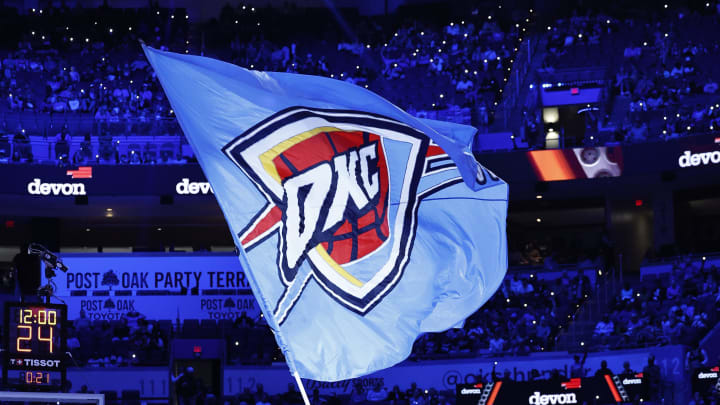 Apr 10, 2024; Oklahoma City, Oklahoma, USA; Oklahoma City Thunder mascot, Rumble the Bison, waves a giant flag during a time out against the San Antonio Spurs during the second half at Paycom Center. Mandatory Credit: Alonzo Adams-USA TODAY Sports Apr 10, 2024; Oklahoma City, Oklahoma, USA; Oklahoma City Thunder mascot, Rumble the Bison, waves a giant flag during a time out against the San Antonio Spurs during the second half at Paycom Center. Mandatory Credit: Alonzo Adams-USA TODAY Sports