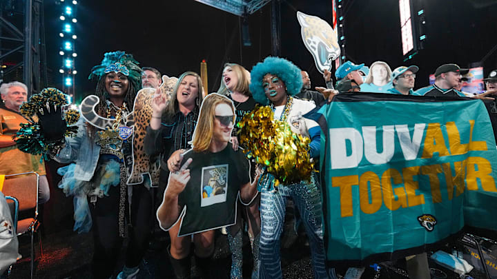 Apr 27, 2023; Kansas City, MO, USA; Jacksonville Jaguars fans during the first round of the 2023 NFL Draft.