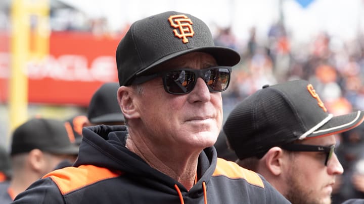 Apr 26, 2025; San Francisco, California, USA; San Francisco Giants manager Bob Melvin (6) watches a ceremony honoring former shortstop Brandon Crawford before his team takes on the Texas Rangers at Oracle Park. Mandatory Credit: D. Ross Cameron-Imagn Images Apr 26, 2025; San Francisco, California, USA; San Francisco Giants manager Bob Melvin (6) watches a ceremony honoring former shortstop Brandon Crawford before his team takes on the Texas Rangers at Oracle Park. Mandatory Credit: D. Ross Cameron-Imagn Images