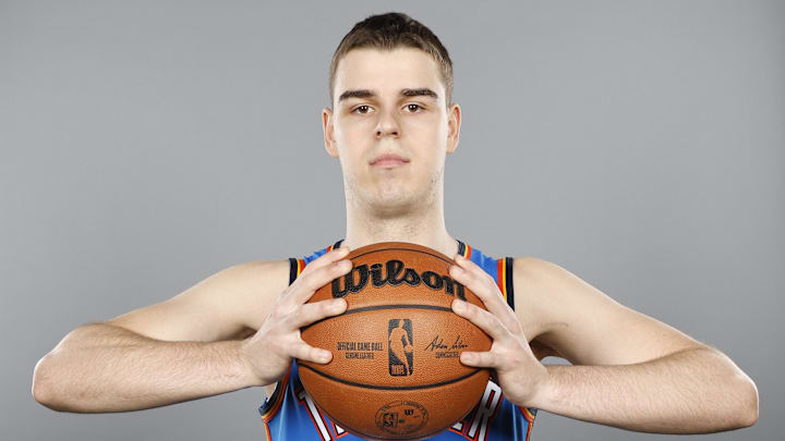Sep 30, 2024; Oklahoma City, OK, USA; Oklahoma City Thunder guard Nikola Topic poses for a photo during Oklahoma City Thunder Media Day at Paycom Center. Mandatory Credit: Alonzo Adams-Imagn Images Sep 30, 2024; Oklahoma City, OK, USA; Oklahoma City Thunder guard Nikola Topic poses for a photo during Oklahoma City Thunder Media Day at Paycom Center. Mandatory Credit: Alonzo Adams-Imagn Images