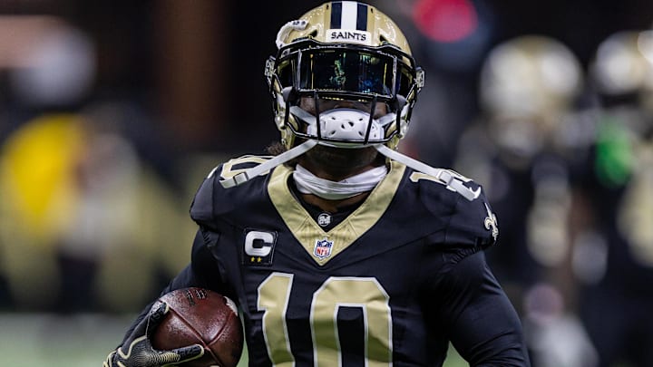 Sep 14, 2025; New Orleans, Louisiana, USA; New Orleans Saints wide receiver Brandin Cooks (10) during warmups against the San Francisco 49ers at Caesars Superdome. Mandatory Credit: Stephen Lew-Imagn Images