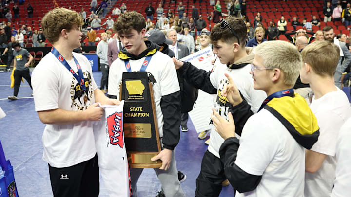 Feb 22, 2025; Des Moines, Iowa, USA; The Southeast Polk Rams win the 3A IHSAA State Wrestling Championship with a new high school recored of 259.5 at Wells Fargo Arena. Mandatory Credit: Reese Strickland-The Des Moines Register