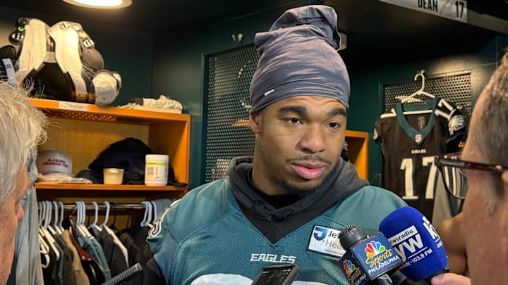 Eagles rookie Jihaad Campbell talks to reporters during Week 14 Eagles rookie Jihaad Campbell talks to reporters during Week 14