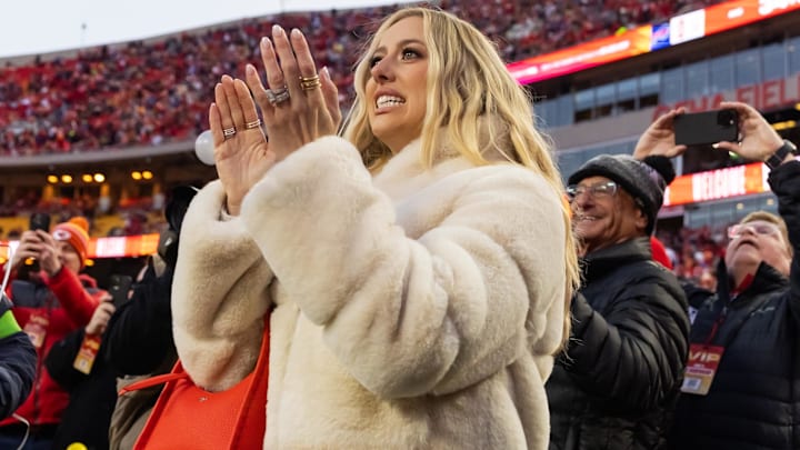 Brittany Mahomes on the sidelines before the AFC Championship game against the Buffalo Bills at GEHA Field at Arrowhead Stadium.