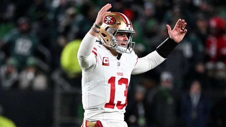 Jan 11, 2026; Philadelphia, PA, USA; San Francisco 49ers quarterback Brock Purdy (13) reacts after a touchdown against the Philadelphia Eagles during the fourth quarter in an NFC Wild Card Round game at Lincoln Financial Field. Jan 11, 2026; Philadelphia, PA, USA; San Francisco 49ers quarterback Brock Purdy (13) reacts after a touchdown against the Philadelphia Eagles during the fourth quarter in an NFC Wild Card Round game at Lincoln Financial Field.